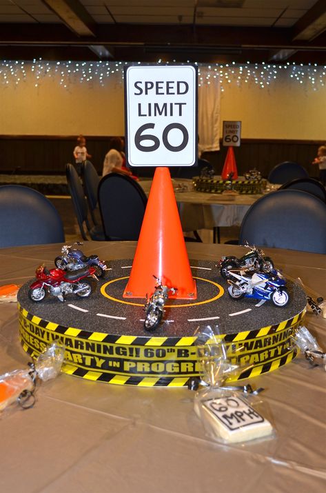 Motorcycle Party Centerpiece Motorcycle Birthday Parties, Bike Birthday Parties, Dirt Bike Party, Motorcycle Party, Biker Party, Motorcycle Birthday, Dirt Bike Birthday, Cars Theme Birthday Party, Motorcycle Decor