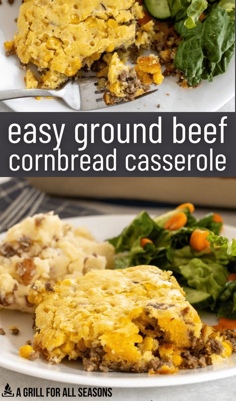 The whole family will be asking for seconds of this Hamburger Corn Casserole Recipe with Jiffy Cornbread. It's a simple and hearty weeknight dinner recipe loaded with ground beef, sweet cornbread, and easy ingredients that you likely already have at home. It's one of the best main dish recipes! Hamburger Meat Recipes With Cornbread, Jiffy Cornbread Hamburger Casserole, Hamburger And Jiffy Cornbread Recipes, Corn Bread Hamburger Recipe, What To Do With Jiffy Cornbread, Jiffy Hamburger Casserole, Hamburger And Cornbread Recipes, Ground Beef And Jiffy Cornbread Recipes, Ground Beef And Cornbread Recipes