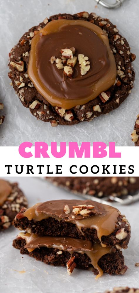 The Best Chilled Crumbl Turtle Cookies - Lifestyle of a Foodie Crumbl Holiday Cookies, Christmas Crumbl Cookie Copycat, Crumble Christmas Cookies, Christmas Crumble Cookies, Crumbl Christmas Cookies, Gourmet Christmas Cookies, Copycat Crumbl Cookies Recipes, Honeybee Cookies, Christmas Bake Sale Ideas