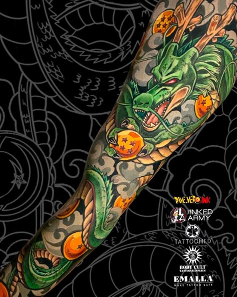 Dragonball Dragon Tattoo, Shenron Wrap Around Tattoo, Dragonball Z Dragon Tattoo, Shenron Arm Sleeve Tattoo, Dragon Ball Z Tattoo Leg Sleeve, Dragon Ball Z Tatoos, Shenron Back Tattoo, Dbz Shenron Tattoo, Super Shenron Tattoo