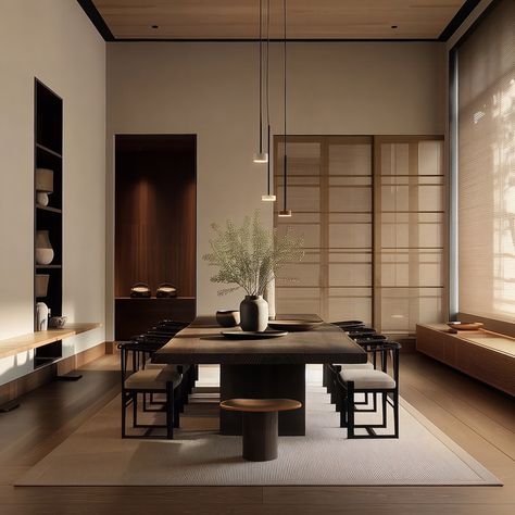 A fusion of Japanese and Scandinavian aesthetics, Japandi style embraces minimalism and functionality, characterised by clean lines, natural materials, and a neutral colour palette. The spaces are designed to evoke a sense of tranquility and simplicity, with an emphasis on light, space, and natural elements. Furniture pieces are low-profile and crafted from wood, while decor elements include organic textures and soft fabrics, creating a harmonious and serene environment that promotes relaxati... Japandi Restaurant Interior, Japandi Dark Wood, Japandi Lights, Japandi Dining Room, Japandi Dining, Random Reference, Holistic Design, Serene Environment, Retro Interior Design