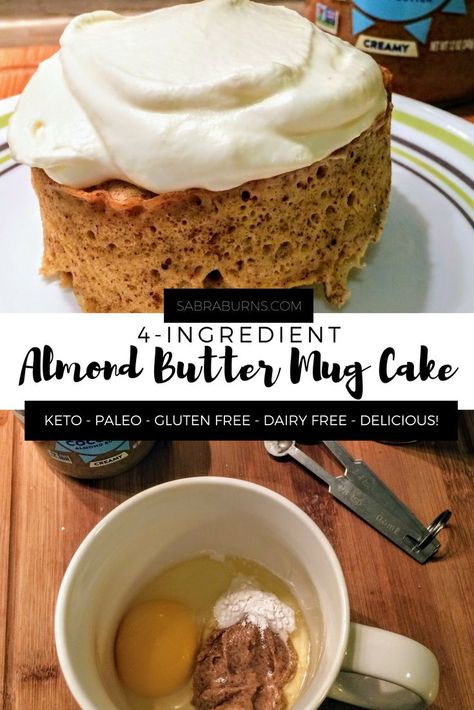 4-Ingredient Almond Butter mugcake Cake! Keto, paleo GlutenFree Free, Grain Free, Dairy Free #keto #Paleo #Mugcake #Glutenfree Dairy Free Protein Powder, Paleo Mug Cake, Quick Keto Dessert, Low Carb Mug Cakes, Dairy Free Keto, Protein Mug Cakes, Almond Butter Recipes, Pastas Recipes, Cake Mug