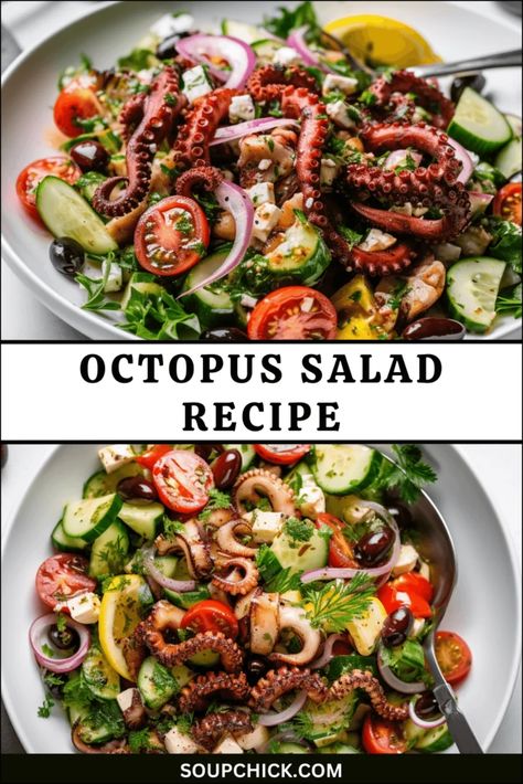 Octopus Salad Recipe Grilled Octopus Salad Recipe, Mediterranean Octopus Recipe, Octopus Dinner Recipe, Grilled Octopus Salad, Octopus Salad Italian, Squid Salad Recipe, Octopus Salad Recipe, Vege Salad, Seafood Octopus