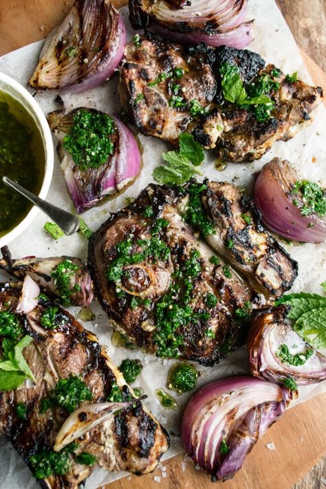 Grilled Lamb Chops with Mint Chimichurri - The Original Dish Scallion Salad, Bbq Lamb Chops, Recipe With Red Wine, Grilled Lamb Recipes, Mint Chimichurri, Lamb Shoulder Chops, Garlic And Honey, Lamb Rack, The Original Dish