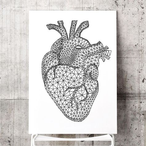 Anatomical Heart Drawing, Unusual Wall Art, Heart Geometric, Heart Anatomy, Vintage Chalkboard, Heart Art Print, 3d Tattoo, Unique Art Prints, Heart Drawing