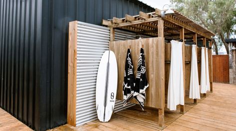 Kelly Slater's Surf Ranch Is All About Next-Wave Design - Sunset Magazine Kelly Slater Surf Ranch, All Black House, Outdoor Shower Ideas, World Surf League, Wood Facade, Dwell Magazine, Outdoor Showers, White Shiplap Wall, Kelly Slater