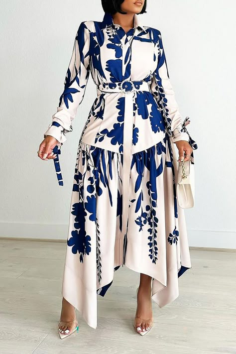 Xpluswear Mode Prints, Long Dresses Elegant, Church Fashion, Asymmetrical Hem Dress, Maxi Robes, Plant Flower, Printed Shirt Dress, Asymmetrical Skirt, Daily Dress