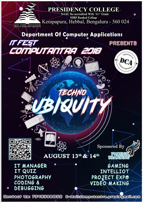 Technology Poster for college IT Fest  Techno Ubiquity = Technology Everywere College Fest Poster Design, Tech Fest Poster, College Fest Posters, Coding Logo, Tech Poster, College Fest, Technology Poster, Electronics Poster, College Event