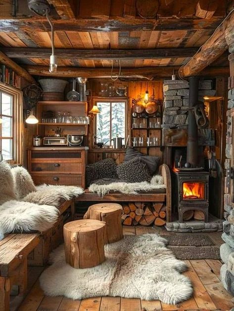 Cabins In The Woods Interior, Old Cabin Interior, Stone Cottages Interior, Rustic Cabin Interior, Carpet Fluffy, Chair Seat Covers, Stone Cabin, Log Cabin Interior, Cozy Homes