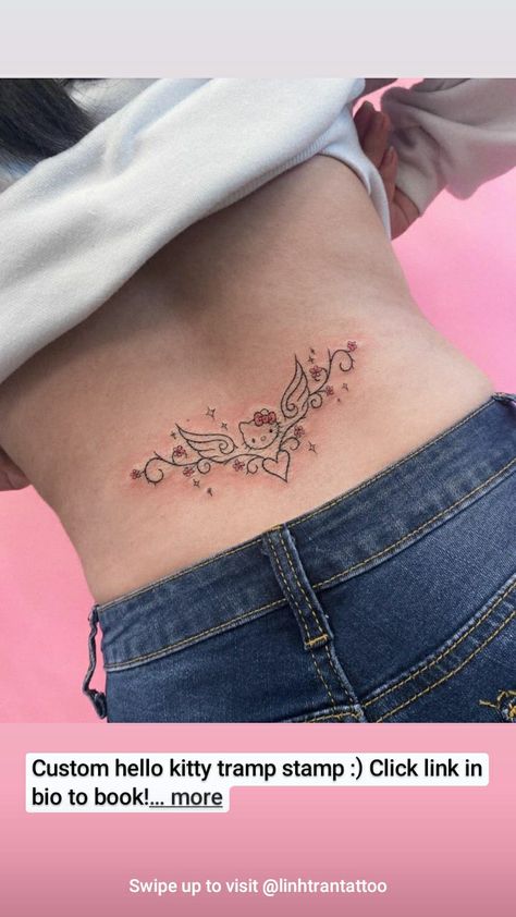 Hello Kitty Chest Tattoo, Tramp Stamp Flowers, Coquette Tramp Stamp, Pink Tramp Stamp, Hello Kitty Tramp Stamp, Flower Tramp Stamp, Lower Back Tattoos For Women, Dark Skin Tattoo, Tramp Stamp Tattoos