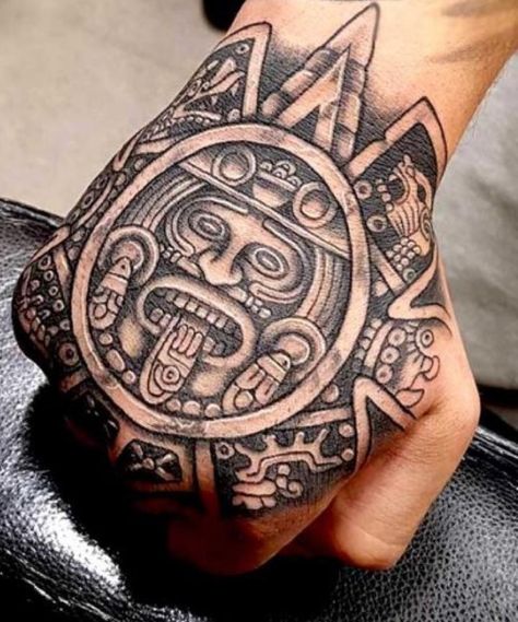 Aztec Hand Tattoos For Guys, Aztec Tattoo Mexican Men, Aztec Hand Tattoo, Aztec Calendar Tattoo On Hand, Aztec Tattoo Mexican Forearm, Calendar Tattoo, Aztec Calendar Tattoo, Tattoo Main, Painless Tattoo