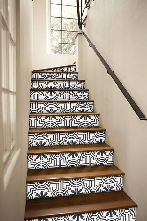 image 0 Peel And Stick Stair Risers, Stenciled Stairs, Stair Riser Tile, Staircase Decals, Vinyl Stairs, Abstract Tile, Stair Stickers, Beautiful Stairs, Stair Riser