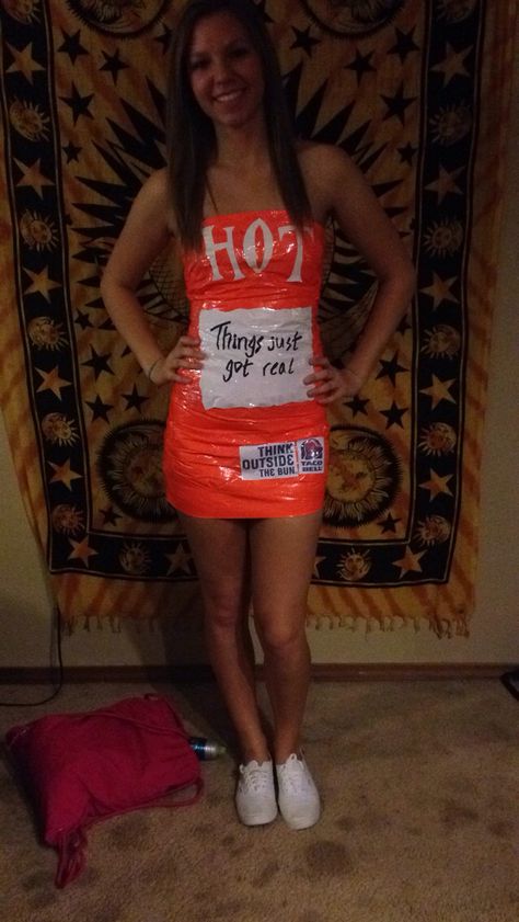 Taco Bell hot sauce! Taco Bell Costume, Taco Bell Hot Sauce, Taco Bell Shirt, Taco Bell Sauce, Bell Costume, Shirt Sewing, Halloween Cupcakes, Taco Bell, Diy Costumes