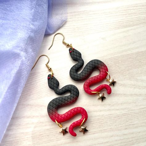 Polymer Snake Earrings, Snake Earrings Clay, Elegant Handmade Snake Earrings, Red And Black Polymer Clay Earrings, Handmade Snake Shape Earrings, Jeweled Flowers, Red Snake, Snake Earrings, I'm In Love