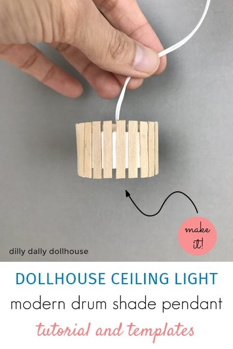 DIY Modern Miniatures | Tutorial for Dollhouse Light | dillydallydollhouse.com Diy Furniture For Doll House, Diy Barbie Chandelier, Wood Barbie Furniture, Doll House Furniture Diy Recycled, How To Make Tiny Furniture, Lundby Dollhouse Diy, Barbie Crafts Diy Dollhouse Furniture, Diy Dollhouse Lighting, Diy Dollhouse Lights