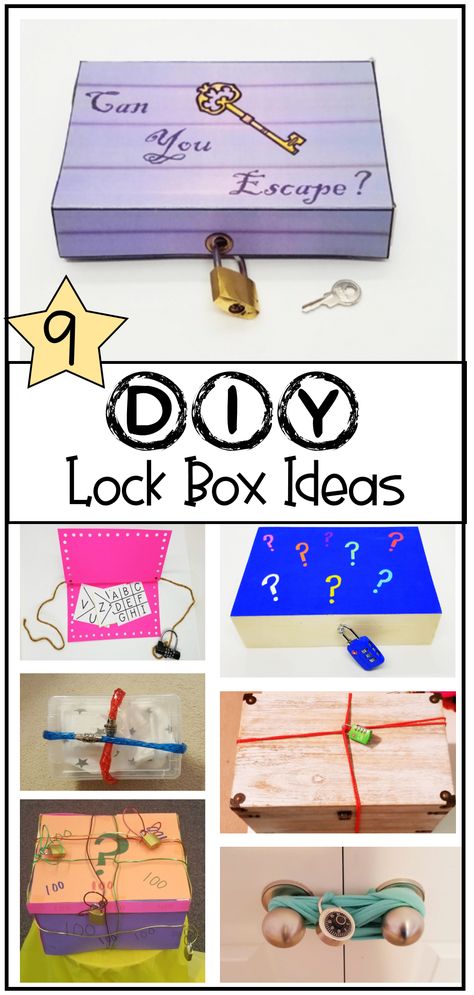 The pin shows seven images of locked boxes or containers.  The title says 9 DIY lock box ideas. Lockbox Ideas, Lock Boxes Ideas, Escape Room Design, Escape Room At Home, Escape Box, Diy Lock, Escape Room Diy, Breakout Boxes, Library Games