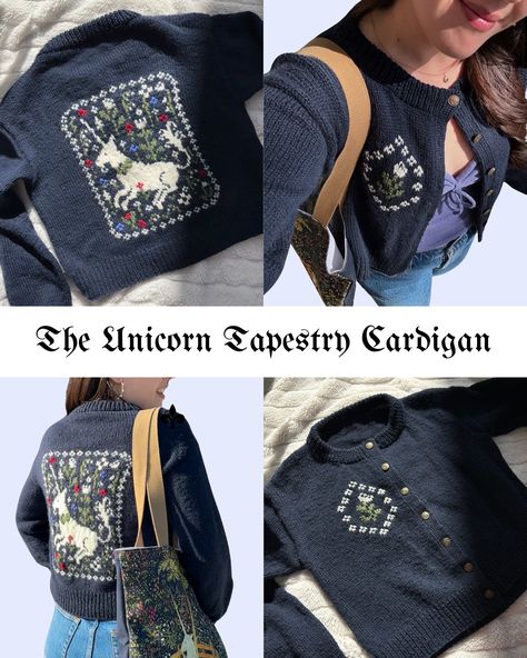 📣 test knit call for the unicorn tapestry cardigan (plus two variations)! i’m testing this cardigan plus a sweater version that will have the unicorn chart on the front similar to my tarot card sweater, plusss the plain base cardigan! knit in sport weight yarn on us 5 (3.75mm) needles, available in 9 sizes from xs - 5xl, will be sent out nov 7th with a deadline to finish the body + 1 sleeve by dec 27. much more info available in the test knit form on my website! #knitting #testknit #testkni... Cute Knit Cardigan, Weird Knitting Patterns, Knitting Harry Potter, Knit Pattern Sweater, Fun Things To Knit, How To Knit A Cardigan, Knit Tapestry Pattern, Tapestry Crochet Sweater, Colorful Knitted Sweaters