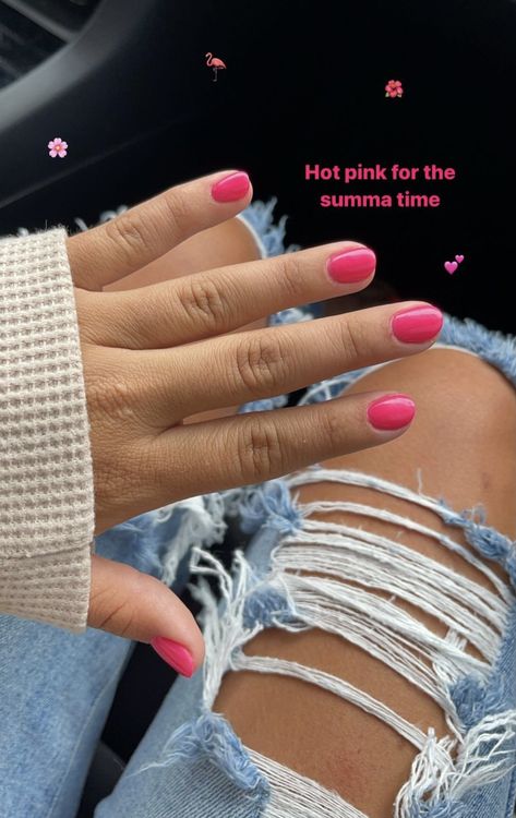 Short Nail Solid Color Ideas, Hot Pink Gel Manicure, Short Nail Inspo Solid Color, Hot Pink Gel Nails Short, August Colors Nails, Hot Pink Nails Summer, Hot Pink Dip Nails, Nails For Tan Skin, Cute August Nails