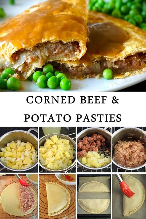 Corned Beef & Potato Pasties Potato Pasties, Best Panini Recipes, Corned Beef Pie, Savory Hand Pies Recipes, Homemade Crisps, Cooked Potatoes, Pasties Recipes, Meat Pie Recipe, Potatoes And Onions