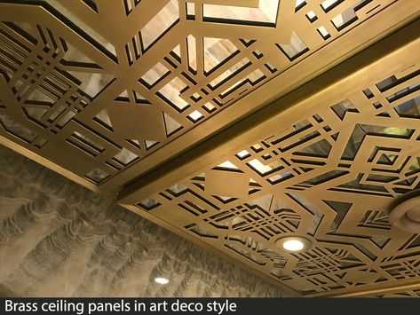 decorative brass fretwork ceiling panels in art deco design Art Deco Ceiling Design, Art Deco Wall Panelling, Mirrored Ceiling, Decorative Ceiling Panels, Mirror Pattern, Laser Cut Screens, Mirror Ceiling, Art Deco Ceiling, Ceiling Plan