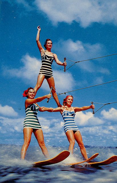 Cypress Gardens Girls waterskiing in #stripes http://www.amazon.com/The-Reverse-Commute-ebook/dp/B009V544VQ/ref=tmm_kin_title_0 Cypress Gardens, Water Skis, Coffee Label, 1950s Retro, Retro Surf, Three Women, Vintage Swim, Look Retro, Vintage Versace