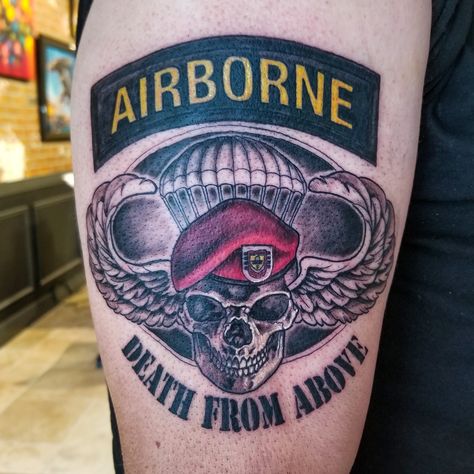 #airbornetattoo done with #crowncartridges and #sceptercartridges by @kingpintattoosupply Email to schedule appointments ettorebechis@gmail.com #Airborne #forces #groundcombat #units #aircraft #airdropped #battlezones #parachuting #kingpintattoosupply #tattoo #tattoos #tattooart #tattooedmen #besttattoo #mentattoo #tattooformen #tattoolife #beautifultattoo #ideatattoo #perfecttattoo #bodyart #ink #inked #palmcoast #besttattooshop #overlordtattoo #military Army Airborne Tattoo, 82nd Airborne Tattoo, Special Forces Tattoo, Airborne Tattoos, Scottish Tattoos, Gray Tattoo, Patriotic Tattoos, Airborne Forces, Army Tattoos