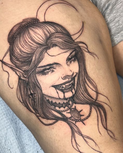 Vamp from my flash for Chloé, thank you! Booking November and December now, flash or custom 🫀 . . . #tattoo #tattooart #tattooflash #vampire #vampiretattoo #gothic #gothictattoo #witchy #witchytattoo #montreal #montrealtattoo #femaletattooartist #ladytattooers Wicked Tattoo Ideas, Tattoo Ideas Simple, Vampire Tattoo, Wicked Tattoos, Female Tattoo Artists, Gothic Tattoo, Feminine Tattoo, Body Piercings, Feminine Tattoos