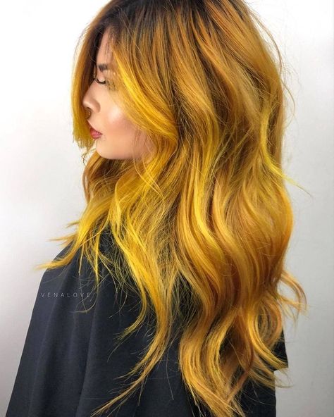 * Melted Marigolds ... by @venalove ・・・ Created this gold yellow tone and rooted her out using a dark copper penny brown #behindthechair… #colouredhair #hair #hairinspo #haircolor #colourful #vividhaircolor Yellow And Brown Hair, Yellow Balayage, Yellow Ombre Hair, Marigold Hair, Mustard Yellow Hair, Virgo Rising, Yellow Hair Color, Blonde Hair With Roots, Sunflower Hair