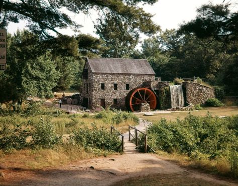 Wayside Inn Grist Mill located in Sudbury, MA. Sudbury Massachusetts, Old Grist Mill, Grist Mill, Water Mill, Most Beautiful Gardens, Water Wheel, Old Barns, Covered Bridges, Water Features