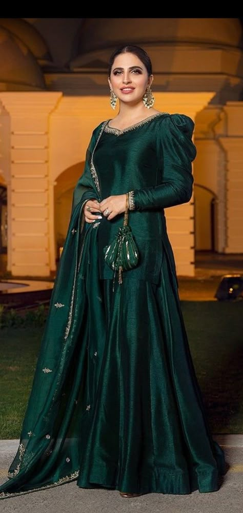 Green Lehnga Dress Simple, Green Frock Suit Design, Indian Dresses To Wear To A Wedding As A Guest, Raw Silk Sharara, Shaadi Vibes, Faiza Saqlain, Silk Sharara, Simple Suits, Mehndi Outfits