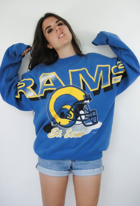 Vintage 90s Oversized St. Louis Rams Cliff by totalrecallvintage, $38.00 /// www.kennycolors.com Blue Helmet, Los Angeles Rams Logo, Nfl Rams, Rams Logo, Rams Football, St Louis Rams, I Love La, Merch Ideas, Football Fashion