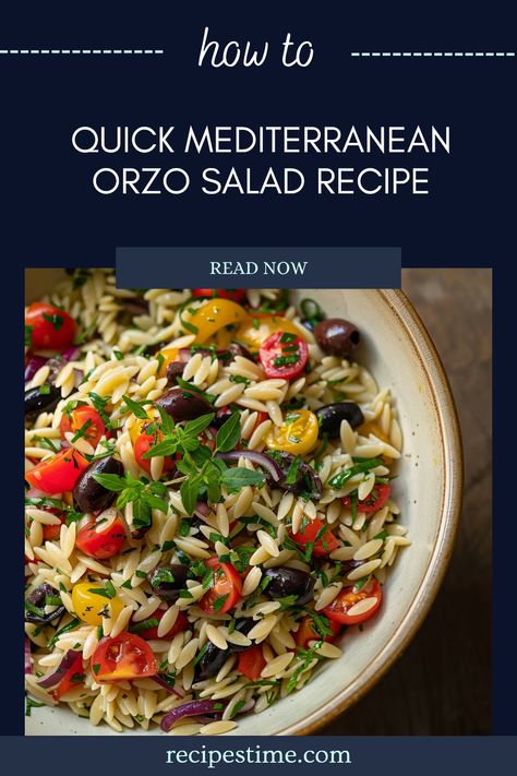 Looking for a fresh and vibrant dish? Try this Mediterranean Orzo Salad recipe! Bursting with flavors from ripe tomatoes, crunchy cucumbers, and tangy olives, it's a nutritious option perfect for meal prep or parties. Discover easy ingredients and simple steps to create this light, nutrient-packed salad that tantalizes the taste buds! Perfect for picnics, potlucks, or a barbecue, this colorful dish showcases bright veggies and al dente orzo pasta – a distinct delight for any occasion. Orzo Greek Salad Recipes, Orzo Summer Recipes, Healthy Orzo Pasta Salad, Orzo Mediterranean Salad, Orzo Greek Pasta Salad, Mediterranean Orzo Recipes, Metteranian Meals, Orzo Recipes Salad, Orzo Feta Salad