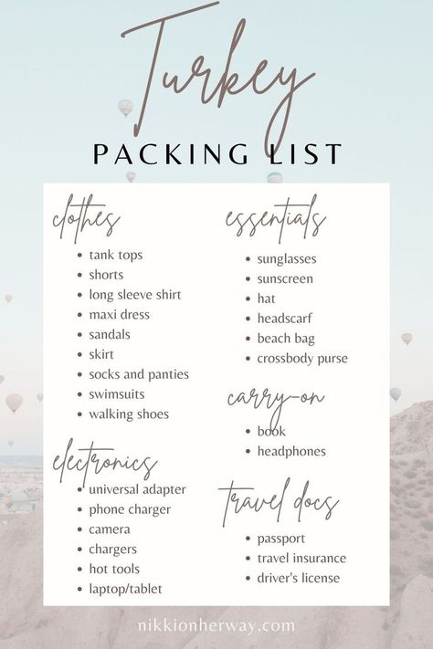 Turkey Packing List, Turkey In A Bag, What To Pack For Vacation, Trip To Turkey, Turkey Vacation, Turkey Travel Guide, Travel Preparation, Visit Turkey, Travel Infographic