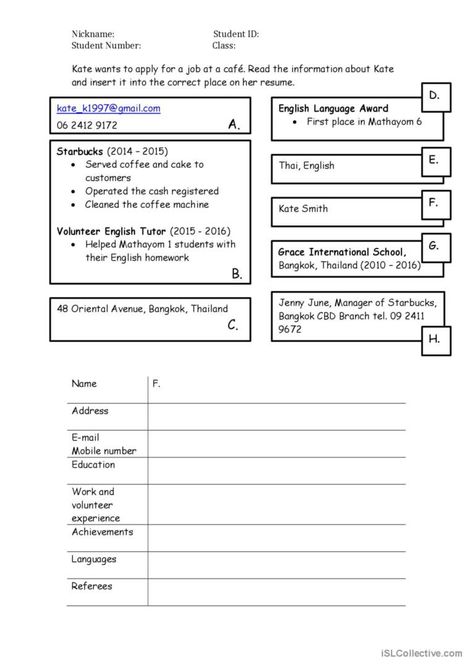 These worksheets are for intermediate level learners.



The first page contains a resume template and the information of a character named Kate. Students must put her information in the correct part of her resume.



The second page contains a blank resume. Students can create their own resumes using Kate's as an example. Vocabulary Exercises, Esl Vocabulary, Esl Worksheets, Resume Writing, Character Names, Writing Activities, First Page, Resume Template, A Character