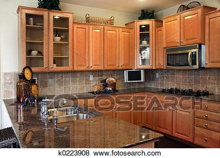 Modern kitchen View Large Photo Image Light Wood Kitchen Cabinets, Light Wood Kitchens, Granite Countertops Kitchen, Wood Kitchen Cabinets, Custom Kitchen Cabinets, Kitchen Upgrades, Granite Kitchen, Kitchen Pictures, Elk Lighting