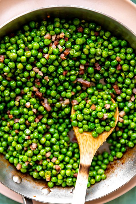 Peas and Pancetta Green Peas Recipes Side Dishes, Thanksgiving Peas, Peas Thanksgiving, Dinner With Peas, Christmas Peas Recipe, Can Peas Recipe, Fresh Peas Recipe, Pea Side Dish, Peas With Pancetta