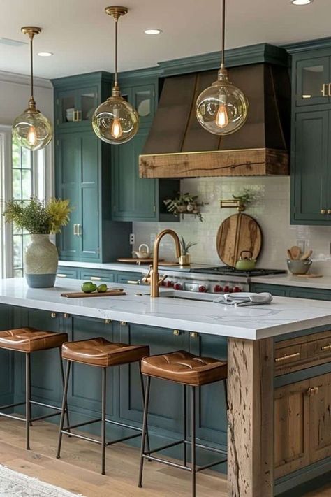 Kitchens With Green Cabinets, Kitchen Design Cabinets, Barndominium Kitchen, Moody Farmhouse, Green Kitchens, Green Kitchen Designs, Mountain Condo, Homestead Kitchen, Makeover Kitchen