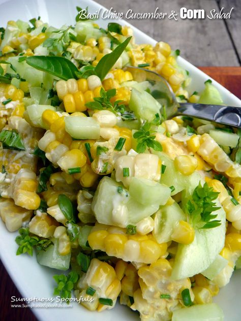 Basil Chive Cucumber & Corn Salad ~ Sumptuous Spoonfuls #cucumber #corn #basil #salad #recipe Cucumber Corn Salad, Interesting Salads, Cucumber Basil, Salad Cucumber, Basil Salad, Vegan Mayo, Cucumber Recipes, Corn Salad, Corn Salads