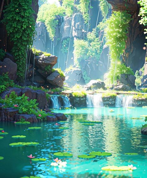 Hidden Oasis, Outdoor Artwork, Landscape Flowers, Waterfall Landscape, Nature Hikes, Beauty Nature, Nature Drawing, Ghibli Art, Photography Beauty