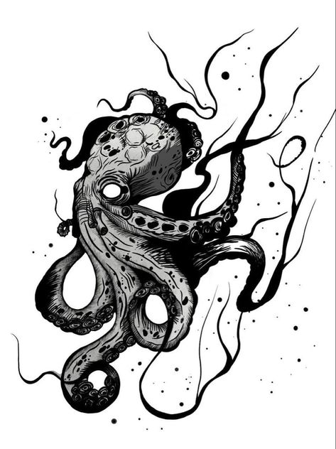 Octopus Tattoos Design, Scary Octopus Drawing, Surrealist Tattoo Ideas, Underdog Tattoo, Cosmic Octopus, Scary Octopus, Kraken Drawing, Ocean Theme Tattoos, Kraken Tattoo