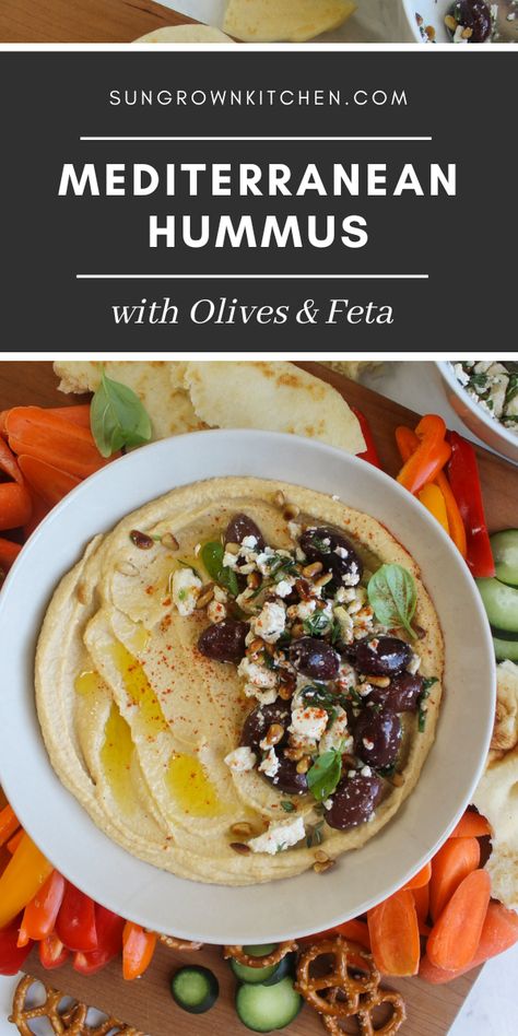 Mediterranean Hummus with Olives and Feta Italian Hummus Recipe, Hummus With Olives, Middle Eastern Hummus Recipe, Olives And Feta Appetizer, Olives Feta Appetizer, Greek Hummus Recipe, Olive Hummus Recipe, Mediterranean Hummus Recipe, Hummus Variations