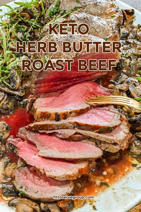 This keto herb butter roast beef is easy to make and will be a hit at your next party. The herbs combine beautifully with garlic and butter in the oven to create an irresistible aroma that will have people lining up outside of your door.  keto herb butter roast beef | keto roast beef recipe Garlic Butter Herb Roast Beef, Keto Roast Beef Recipes, Butter Roast Beef, Keto Roast Beef, Keto Roast, Roast Beef Recipe, Roast Steak, Keto Meat, Keto Beef