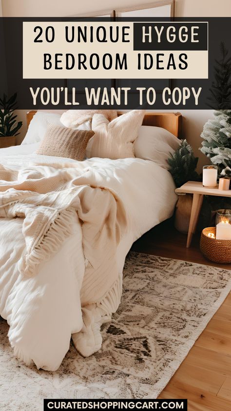 Discover 20 unique hygge bedroom ideas that will transform your space into a cozy sanctuary. Explore how to maximize comfort and style in your bedroom with innovative, cozy design ideas. Perfect for anyone looking to enhance their home's warmth and charm. Cozy bedroom design, seasonal hygge kits, cozy bedroom ideas, hygge bedroom decor ideas, hygge bedroom aesthetic, hygge bedding, hygge bedroom ideas relaxing, hygge bedroom aesthetic cozy, hygge bedroom design, hygge bedroom inspiration. Cozy Christmas Hygge Aesthetic, Hygge Master Bedrooms Decor, Hygge Bedroom Decor Ideas, Hygge Bedding, How To Make A Cozy Bed, Winter Hygge Aesthetic, Cozy Hygge Bedroom, Hygge Bedroom Decor, Winter Bedroom Aesthetic