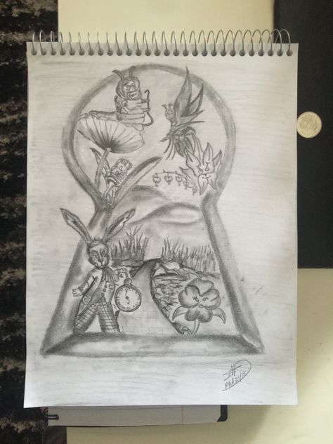 Alice In Wonderland Keyhole, Keyhole Drawing, Keyhole Tattoo, Alice In Wonderland Drawings, Pencil Drawings Of Flowers, Wonderland Tattoo, Doodle Art Designs, Diy Art Painting, Vintage Illustration