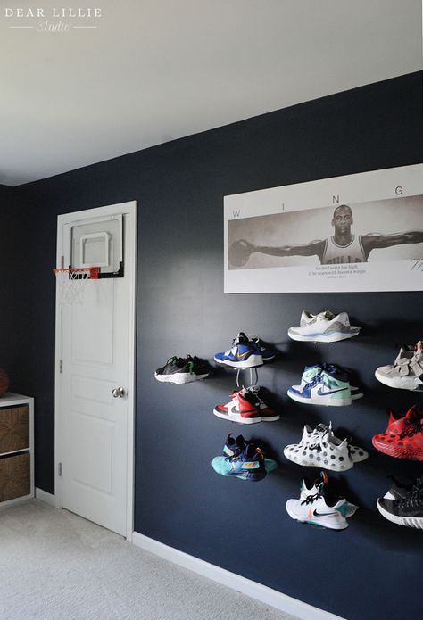 A Shoe Wall For Lola's New Room - Dear Lillie Studio Teen Boy Shoe Storage, Shoe Wall Display Bedrooms, Sneaker Wall Display Bedroom, Floating Shoes Wall, Display Shoes On Wall, Nike Themed Room, Sneaker Bedroom Ideas, Sneaker Head Room Ideas Boy, Teen Basketball Room