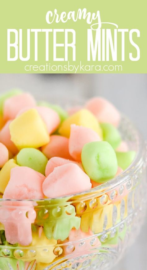 Easy Homemade Creamy Butter Mints - these soft and creamy mints just melt in your mouth, and they are so easy to make. You just need five ingredients! #buttermints #homemadebuttermints #easybuttermints #buttermintsrecipe #creationsbykara #easycandyrecipe Buttermints Recipe, Cream Cheese Mints Recipe, Cream Cheese Mints, Easy Candy Recipes, Dinner Mints, Butter Mints, Snack Bites, Mint Recipes, Treats Recipes