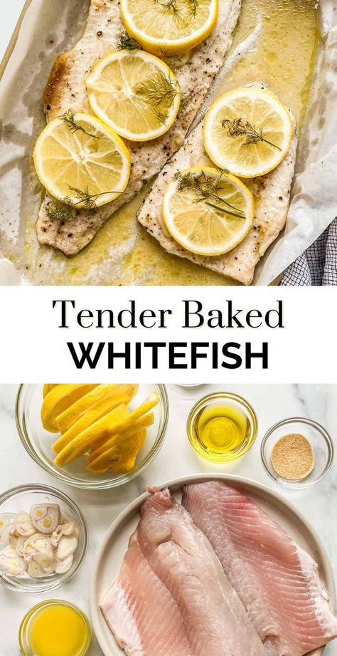 This tender baked whitefish recipe is so easy to make! It's a healthy weeknight meal. Whitefish Recipes Baked, Baked Whitefish, Whitefish Recipes, White Fish Recipes Baked, Baked White Fish, Pescetarian Recipes, White Fish Recipes, Fish Recipes Baked, Healthy Weeknight Meals