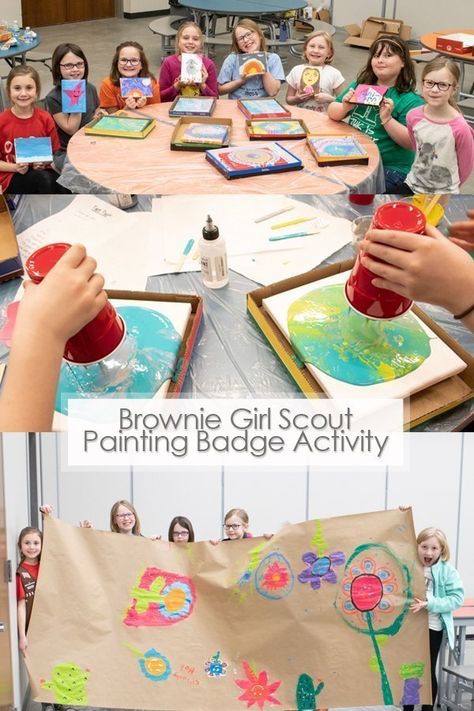 Check out how our troop completed all of the Brownie Girl Scout Painting Badge requirements in just one activity! We had a blast and made amazing art! #artwork #diyart #diypainting #browniegirlscouts #paintingbadge #paintingactivityforkids #paintpouring #acrylicpainting #sponsored #decoart Brownie Art Badge Ideas, Brownies Painting Badge Ideas, Outdoor Art Creator Brownie Badge Ideas, Brownie Painting Badge, Brownie Painting, Brownie Badge Ideas, Brownie Meeting Ideas, Girl Scout Brownies Meetings, Brownie Board