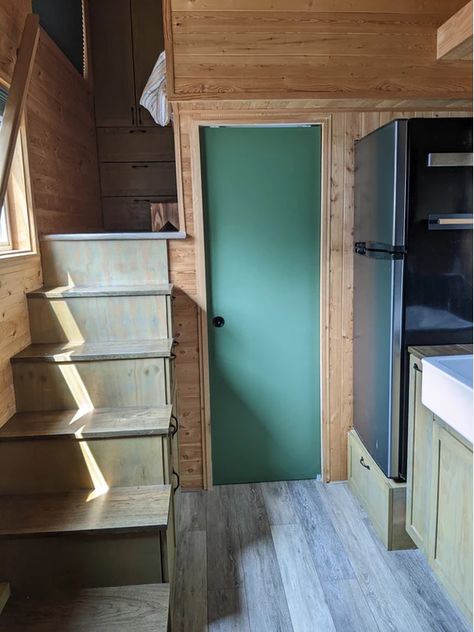 24-ft. Tiny House with a Stand Up Loft Rustic Accent Wall, Farmhouse Tiny House, Apartment Size Refrigerator, Reclaimed Wood Accent Wall, Off Grid Tiny House, Tiny House Bedroom, Tiny House Talk, Structural Insulated Panels, Tiny House Loft