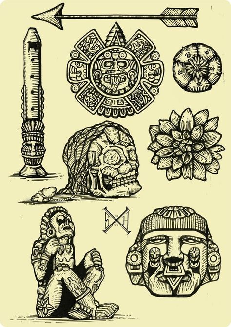 Core Tattoo, Mexico Tattoo, Aztec Artwork, Mayan Tattoos, Aztec Symbols, Aztec Tattoos, Mexican Tattoo, Mexican Art Tattoos, Aztec Tattoo Designs